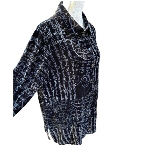 Vintage 90s Black Velvet Burnout Script Print Top Silk Blend Semi Sheer Boho L - Picture 9 of 16